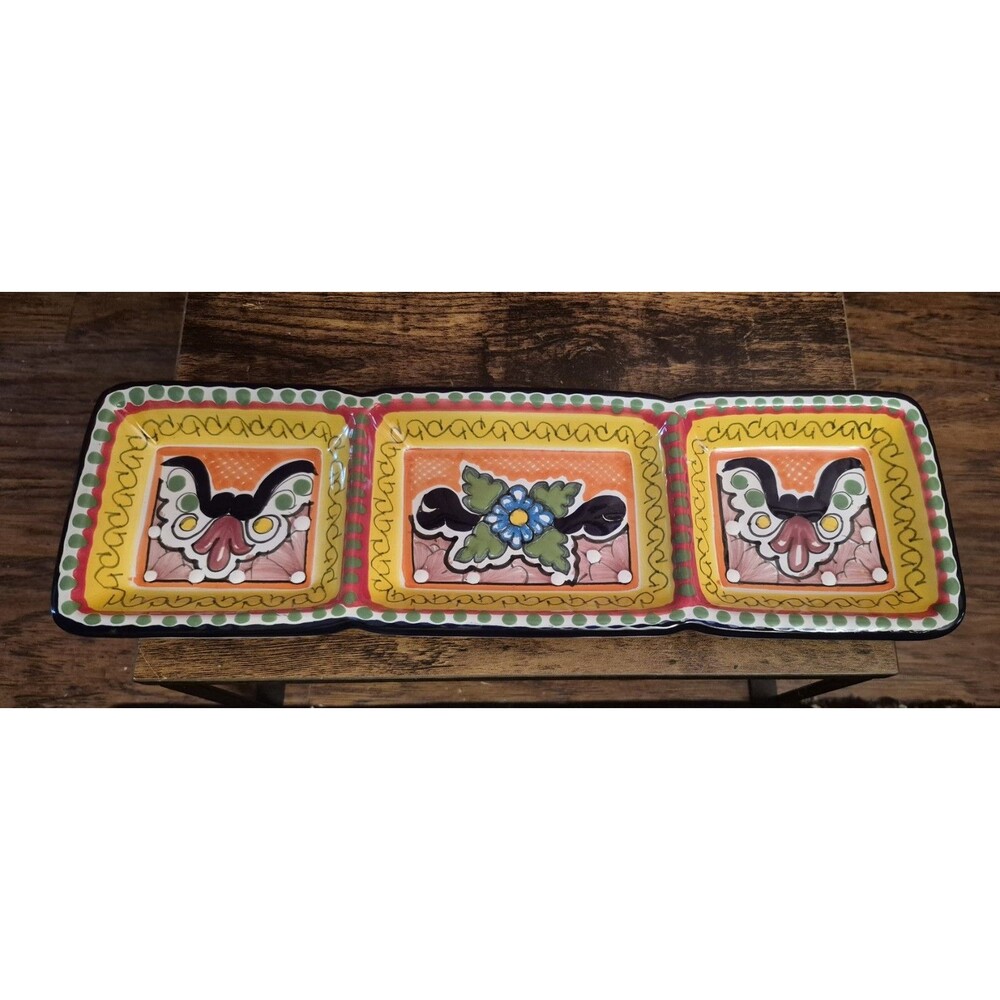Hernandez Talavera Mexican Pottery Divided Serving Tray 3 Section Dish Signed